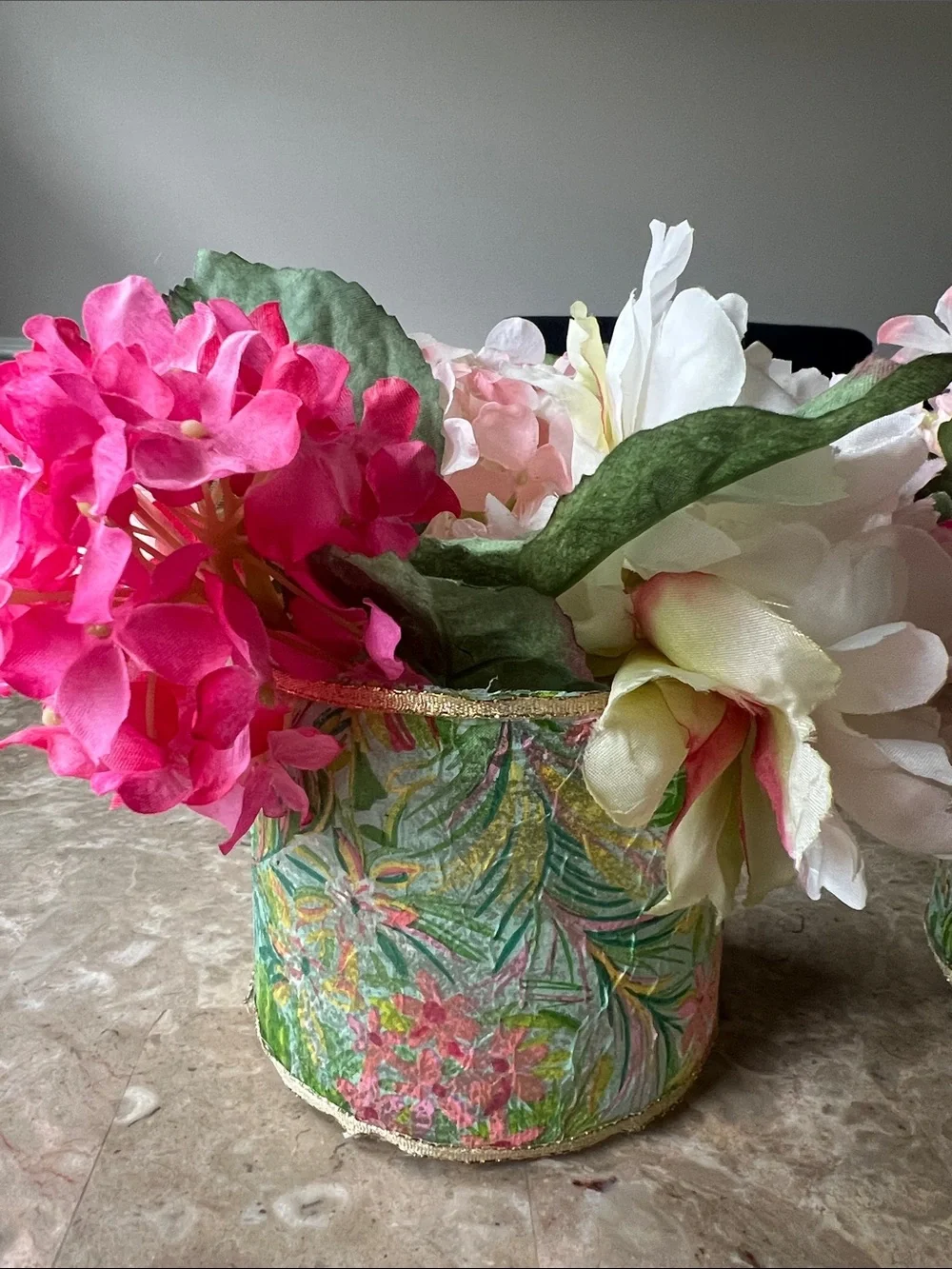 Handmade Floral Pink & White Artificial Arrangement in Decorative Green Vase Set